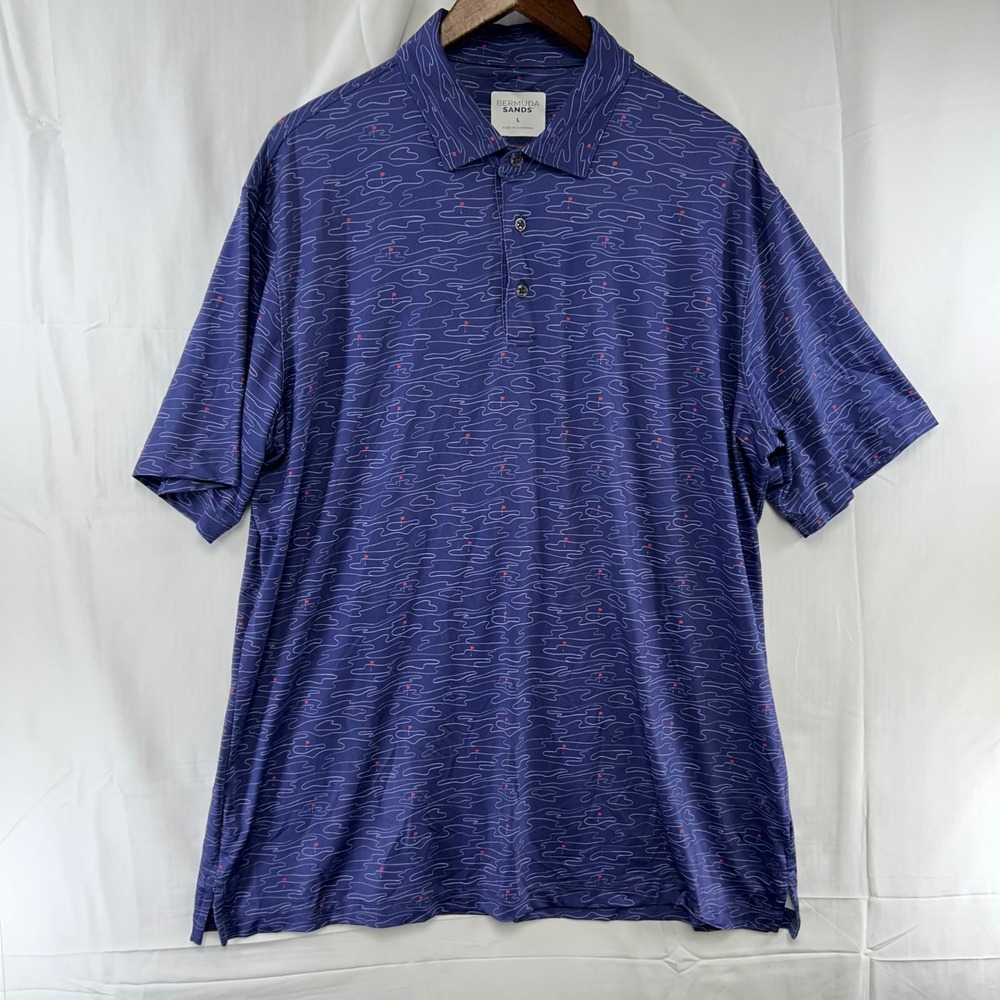 Bermuda Sands Polo Shirt Mens Large Blue Golf Course Print Short Sleeve Stretch